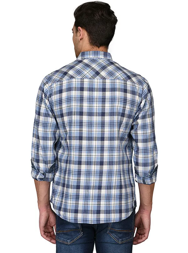 Greenfibre Blue & Grey Checked  Slim Fit Casual Shirt