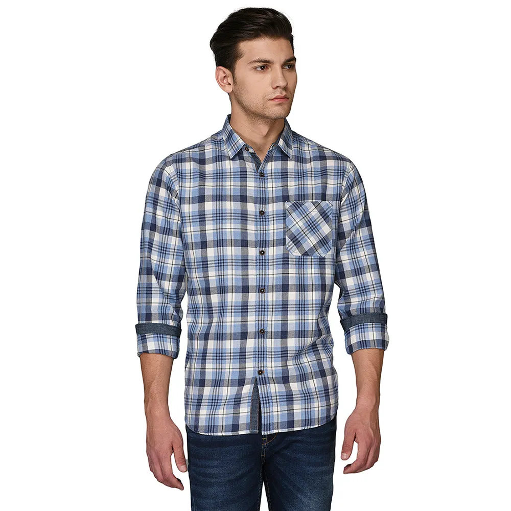 Greenfibre Blue & Grey Checked  Slim Fit Casual Shirt