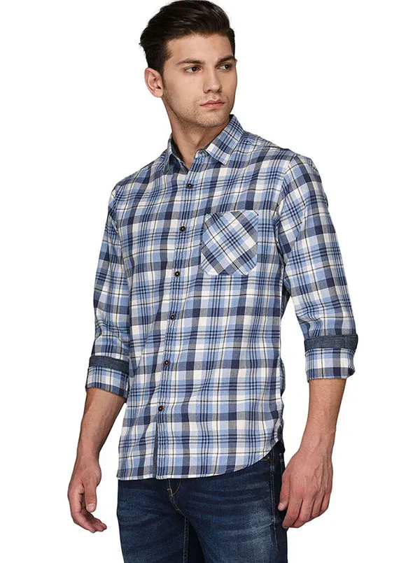 Greenfibre Blue & Grey Checked  Slim Fit Casual Shirt