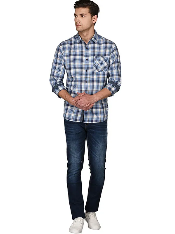 Greenfibre Blue & Grey Checked  Slim Fit Casual Shirt