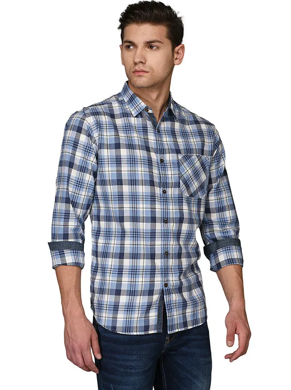 Greenfibre Blue & Grey Checked  Slim Fit Casual Shirt