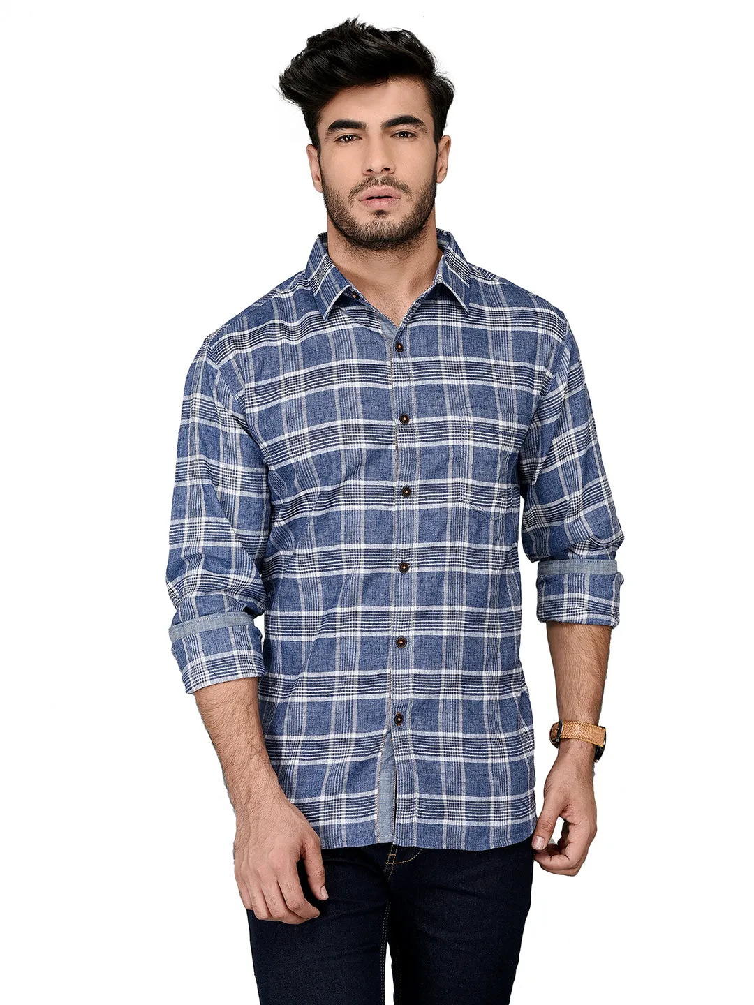 Greenfibre Blue Checked Slim Fit Casual Shirt