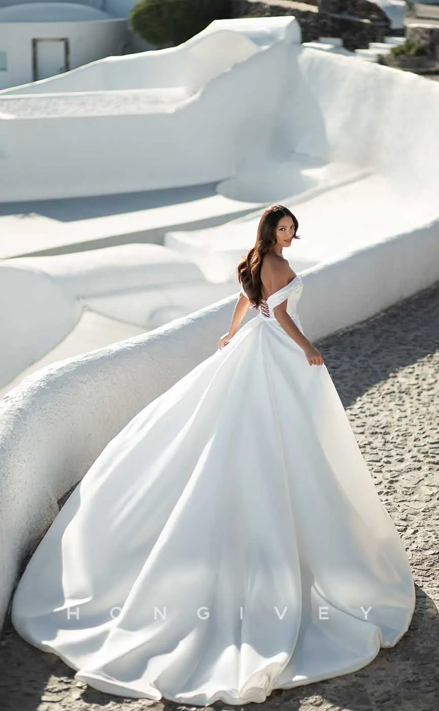 H0994 - Popular Off-Shoulder With Train Satin Long Beach Wedding Dress