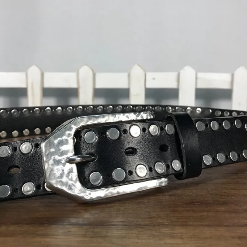 Hammer Buckle Two Rows Rivets Studs Leather Belt