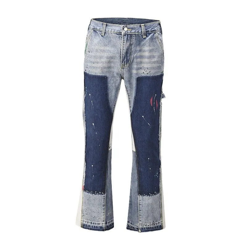 High street style heavy washing old ink splash color deconstruction bell bottom pants sub trend personality niche stacked jeans