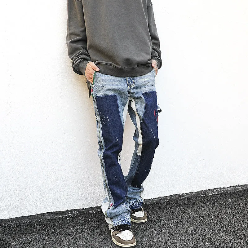 High street style heavy washing old ink splash color deconstruction bell bottom pants sub trend personality niche stacked jeans