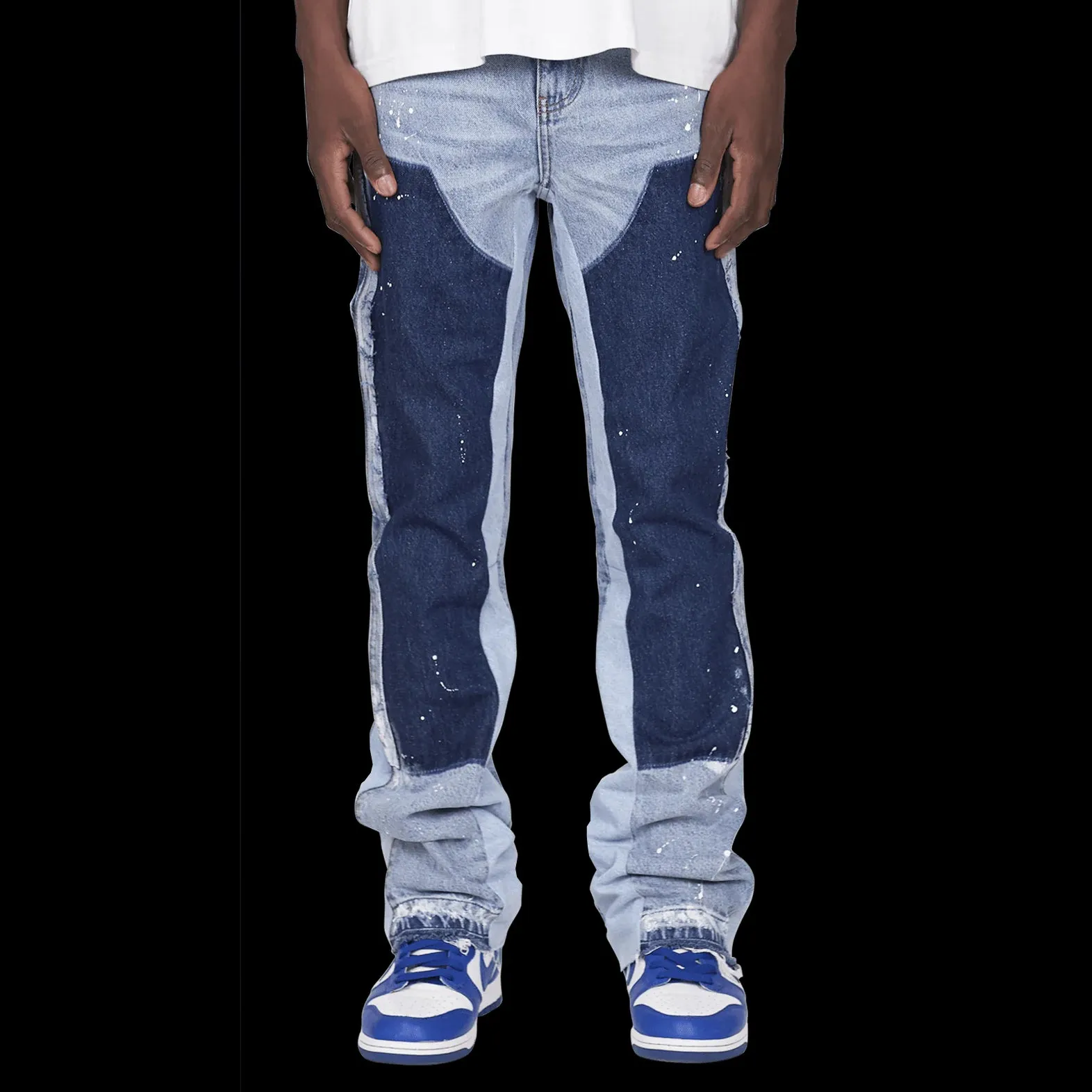 High street style heavy washing old ink splash color deconstruction bell bottom pants sub trend personality niche stacked jeans