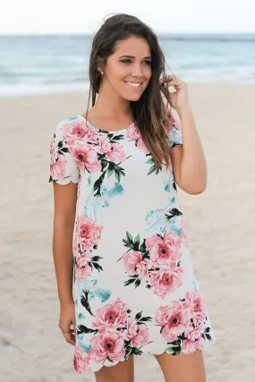 Ivory and Pink Floral Scalloped Short Dress