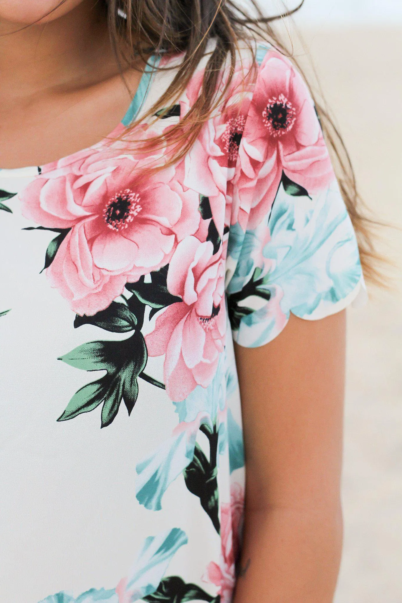 Ivory and Pink Floral Scalloped Short Dress