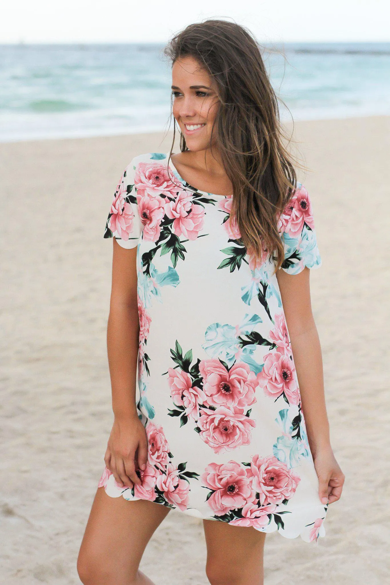 Ivory and Pink Floral Scalloped Short Dress