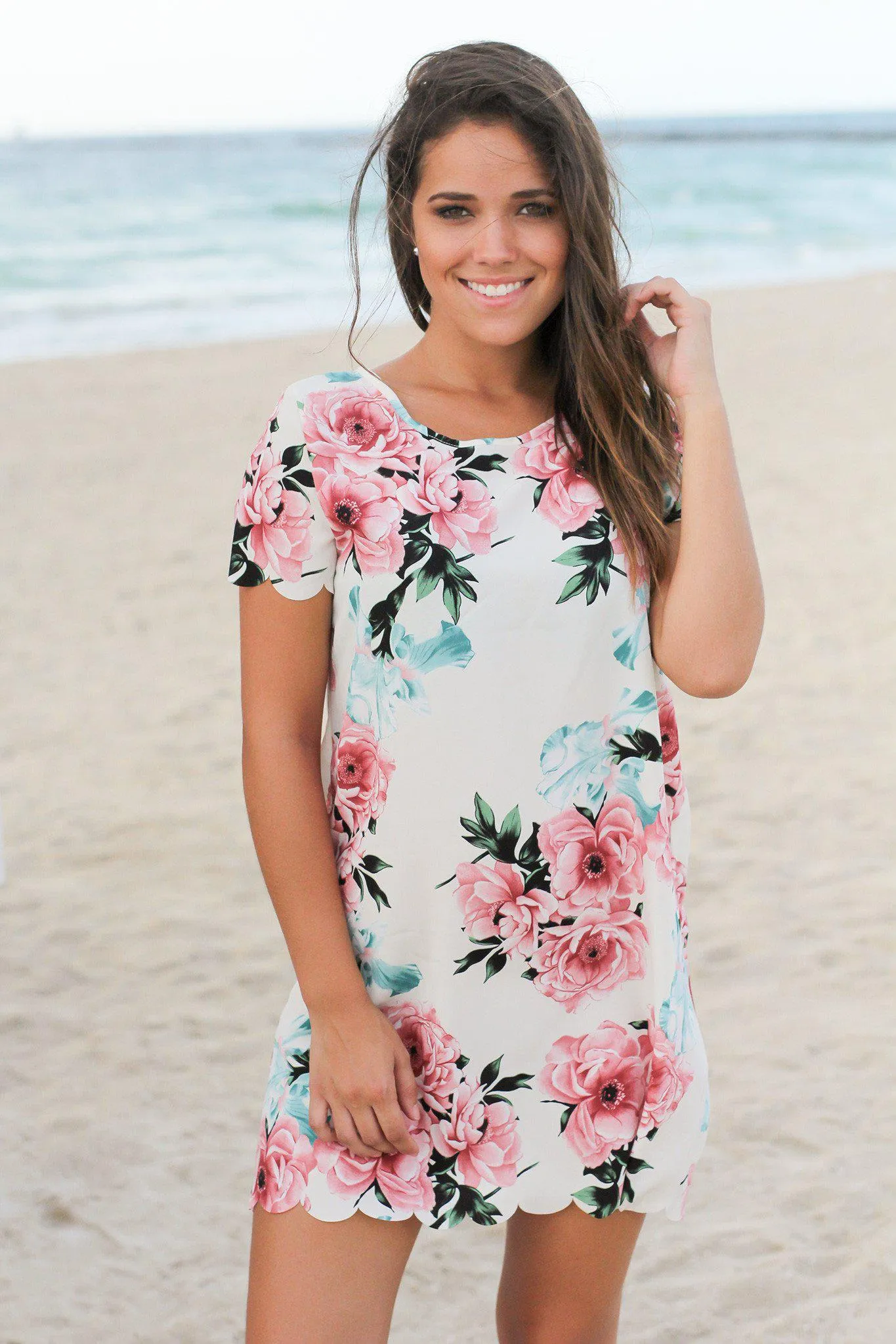 Ivory and Pink Floral Scalloped Short Dress