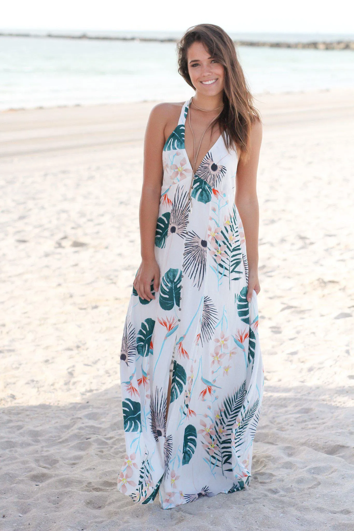 Ivory Tropical Racerback Maxi Dress