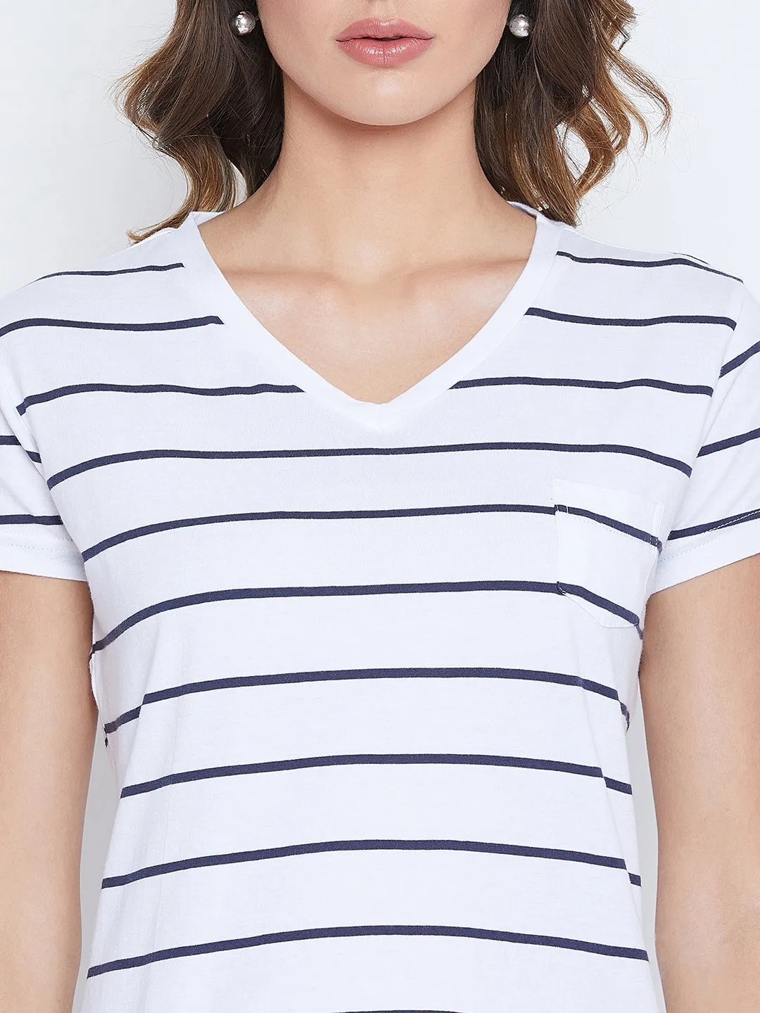 JUMP USA Women Navy Blue Striped V-neck T-shirt