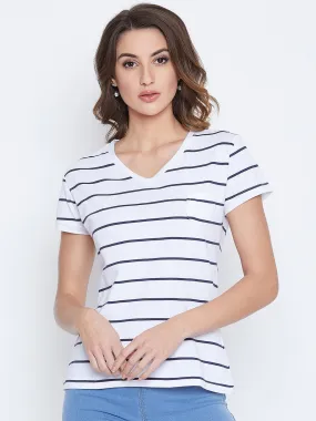 JUMP USA Women Navy Blue Striped V-neck T-shirt