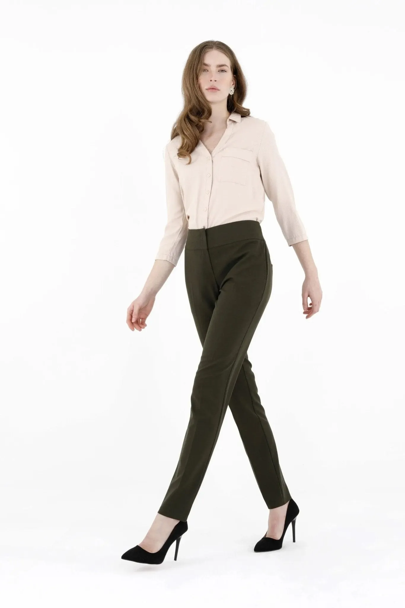 Khaki Dress Pants Comfort High Waist Straight Leg Pants