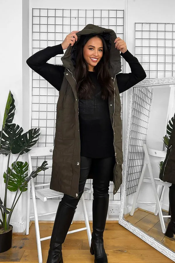 KHAKI HOODED ZIPPED SIDES LONG GILET