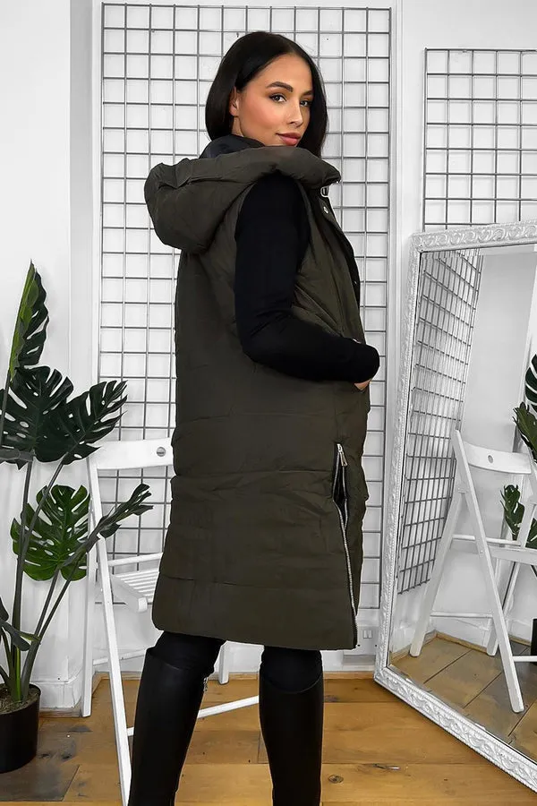 KHAKI HOODED ZIPPED SIDES LONG GILET