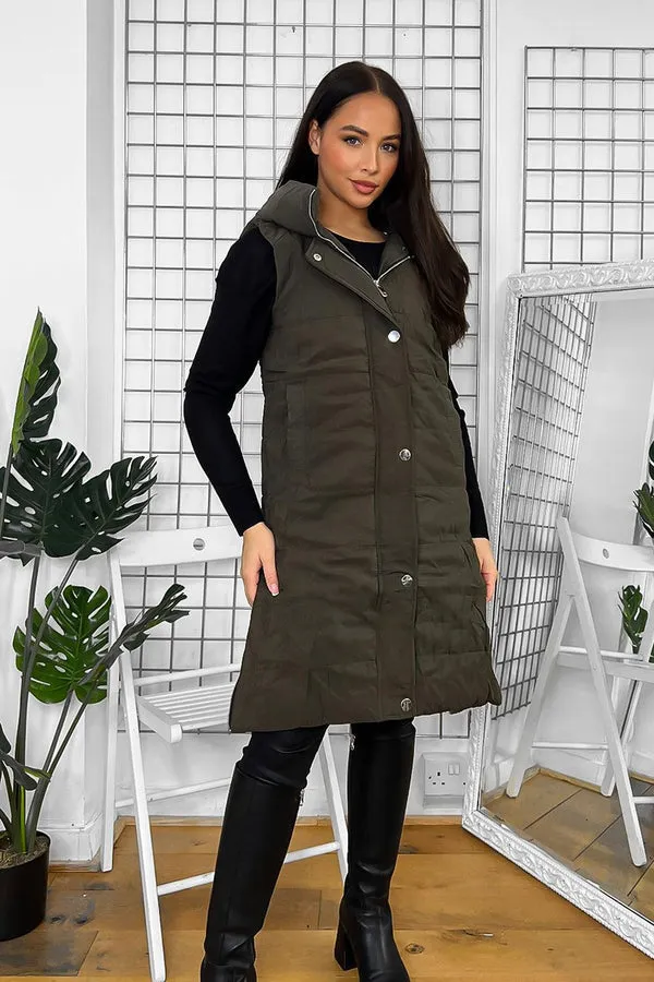 KHAKI HOODED ZIPPED SIDES LONG GILET