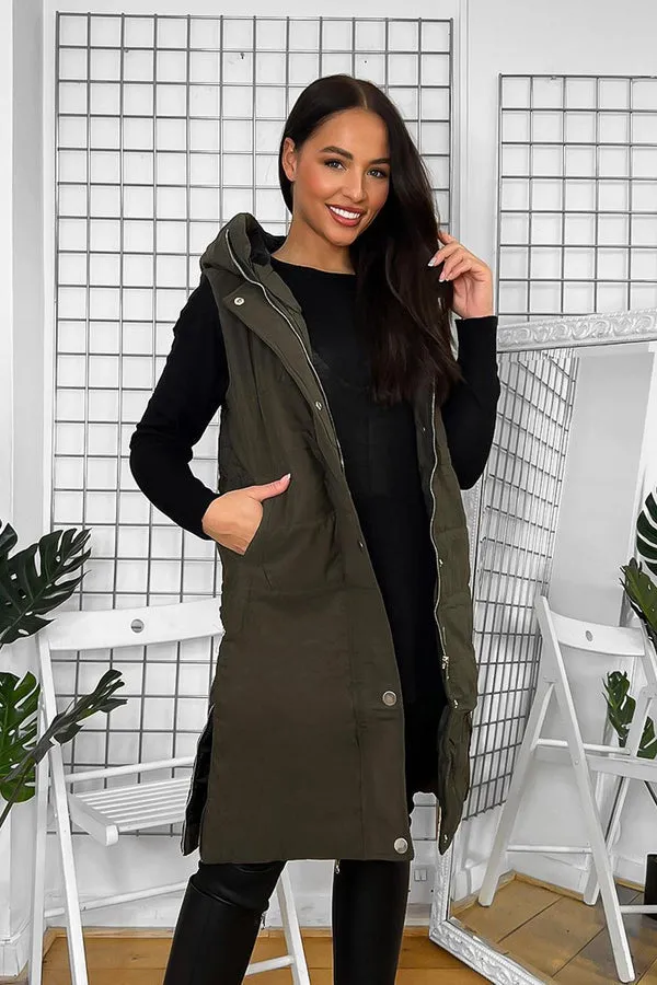 KHAKI HOODED ZIPPED SIDES LONG GILET