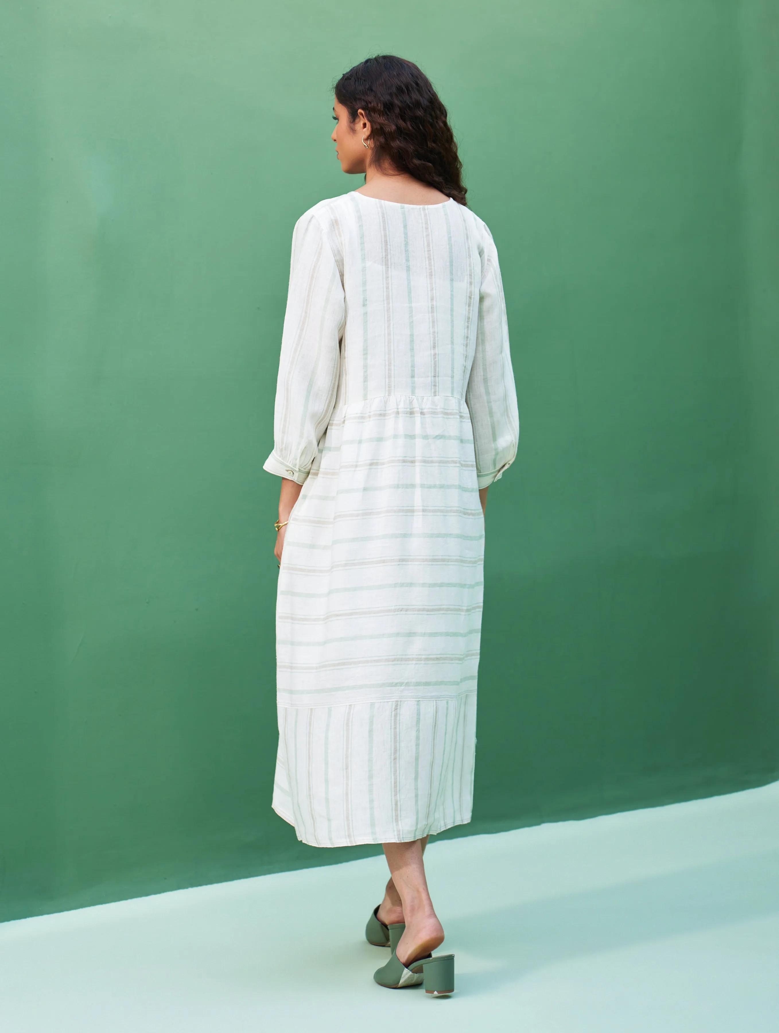 Kwan Striped Linen Dress - Mint