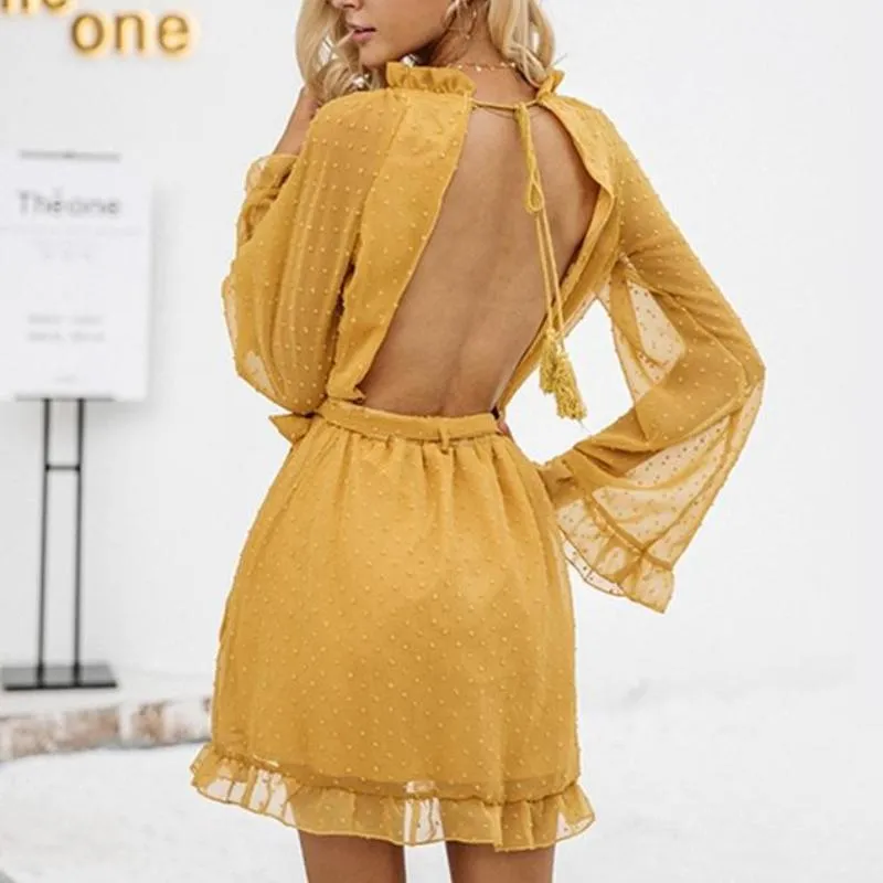 Lace Up Backless Mesh Elegant Sash Mini Dress