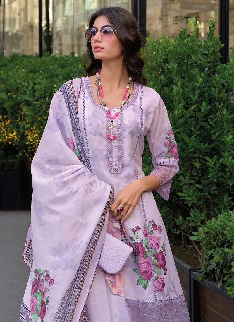 Lavender Embroidered Floral Print Pakistani Dress