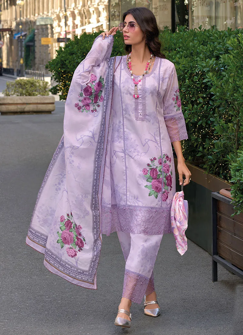 Lavender Embroidered Floral Print Pakistani Dress