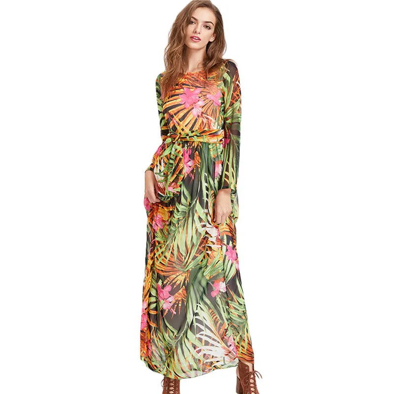 Leaf Print Long Sleeve Dress