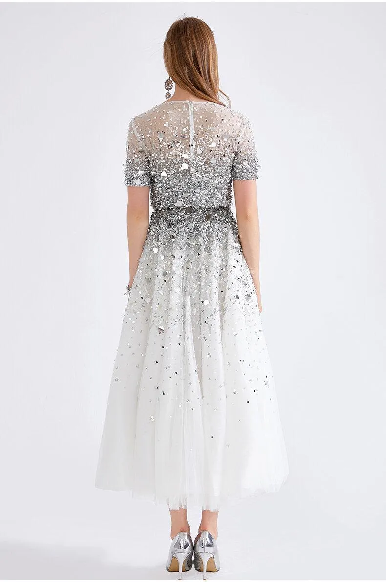 Luxury heavy sequin dress skirt heavy beaded sequin two-piece midi white wedding skirt   Sequin white wedding top- Dila