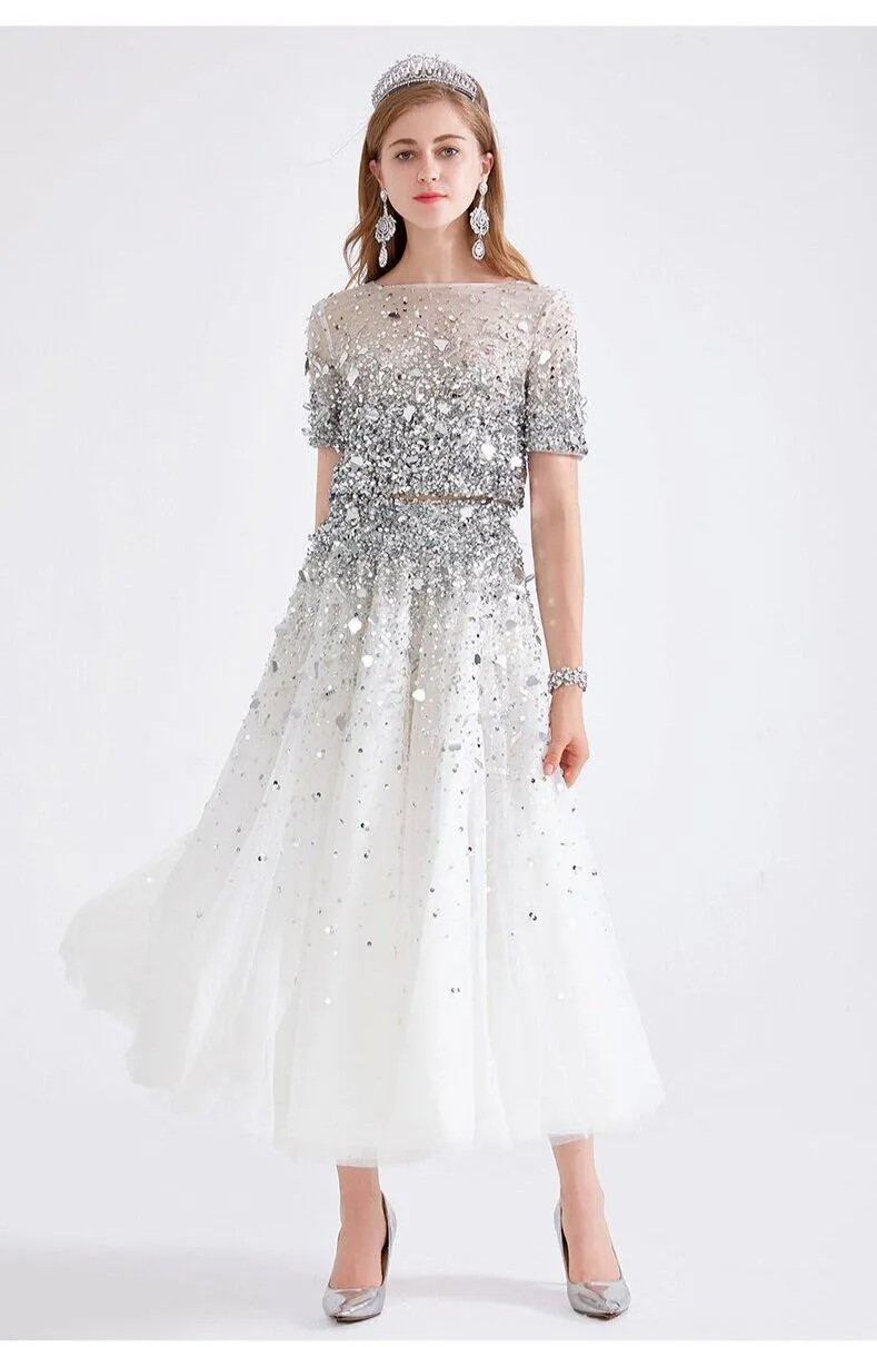 Luxury heavy sequin dress skirt heavy beaded sequin two-piece midi white wedding skirt   Sequin white wedding top- Dila