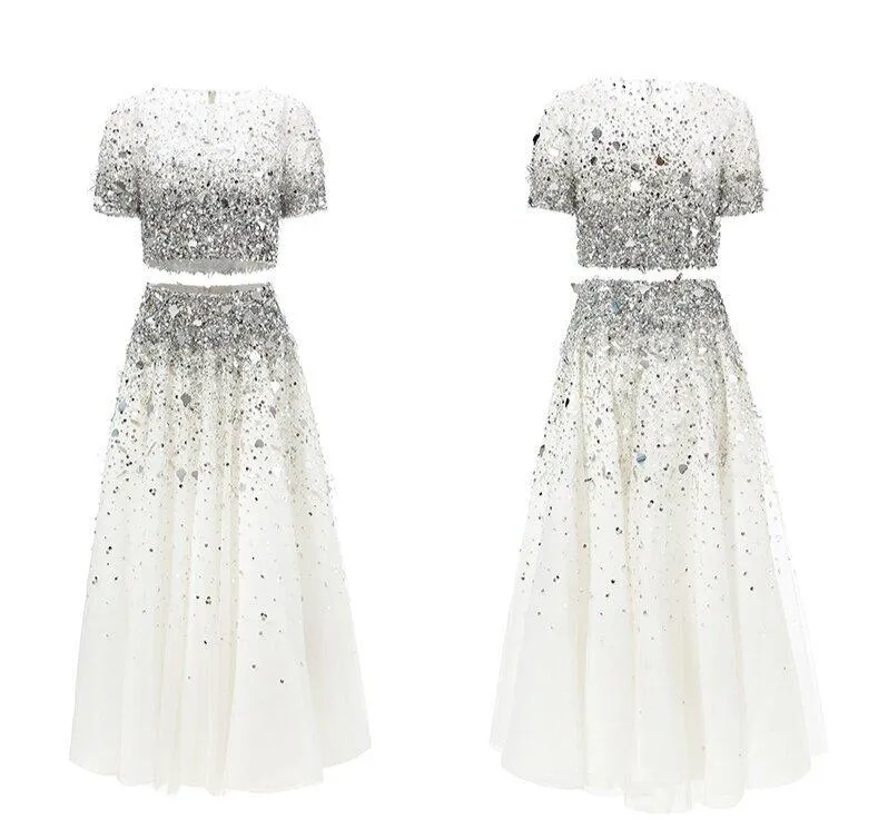 Luxury heavy sequin dress skirt heavy beaded sequin two-piece midi white wedding skirt   Sequin white wedding top- Dila