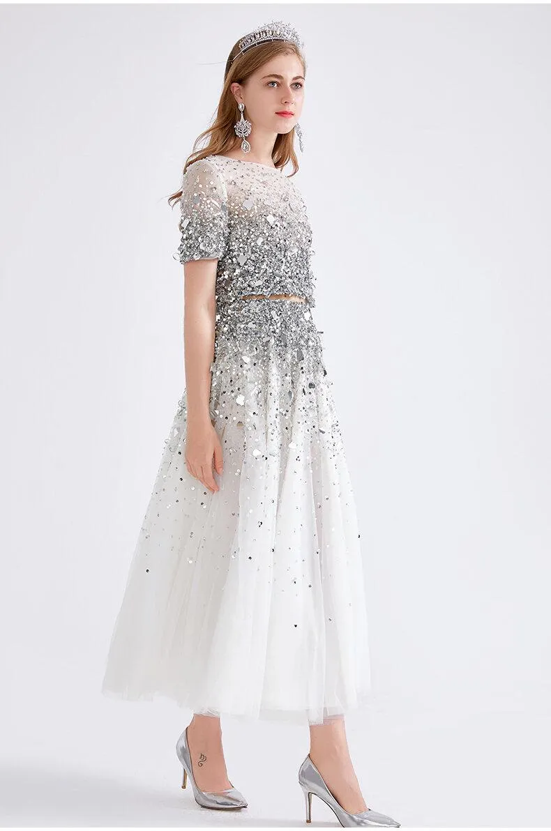 Luxury heavy sequin dress skirt heavy beaded sequin two-piece midi white wedding skirt   Sequin white wedding top- Dila