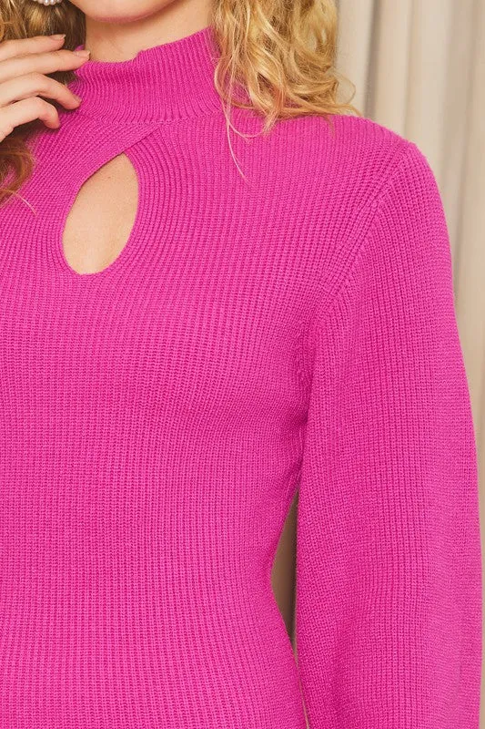 Magenta Pink High Neck Knit Mini Dress