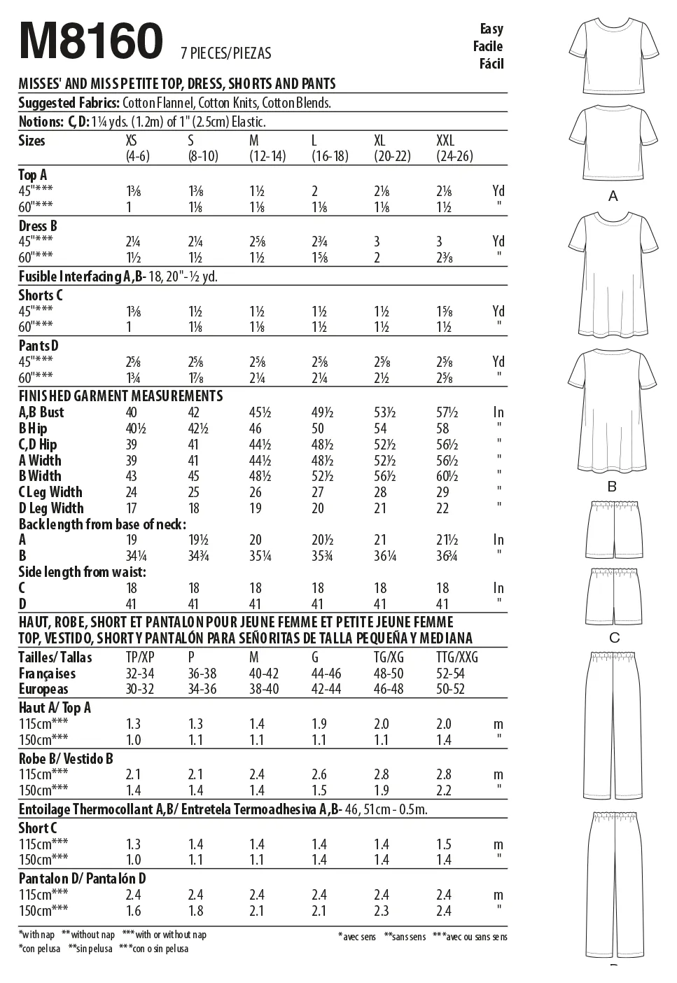 McCall's Pattern M8160 Misses' & Miss Petite Short Sleeve Top, Dress, Pull-On Shorts & Pants