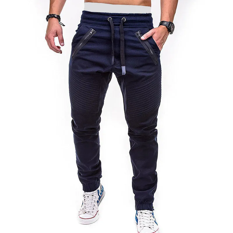 MEN'S COTTON ZIPPER POCKET CASUAL FASHION DRAWSTRING ELASTIC SPORTS PANTS DOUBLE ZIPPER PANTS