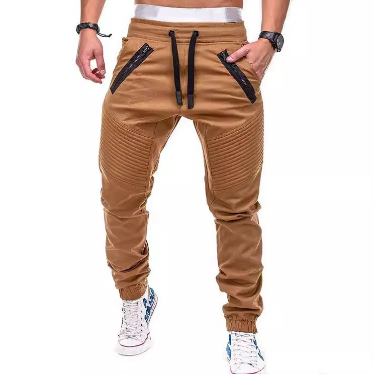 MEN'S COTTON ZIPPER POCKET CASUAL FASHION DRAWSTRING ELASTIC SPORTS PANTS DOUBLE ZIPPER PANTS