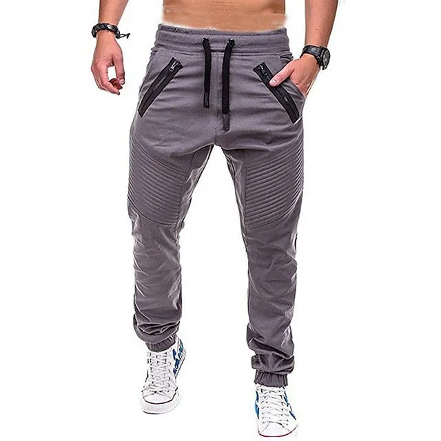 MEN'S COTTON ZIPPER POCKET CASUAL FASHION DRAWSTRING ELASTIC SPORTS PANTS DOUBLE ZIPPER PANTS