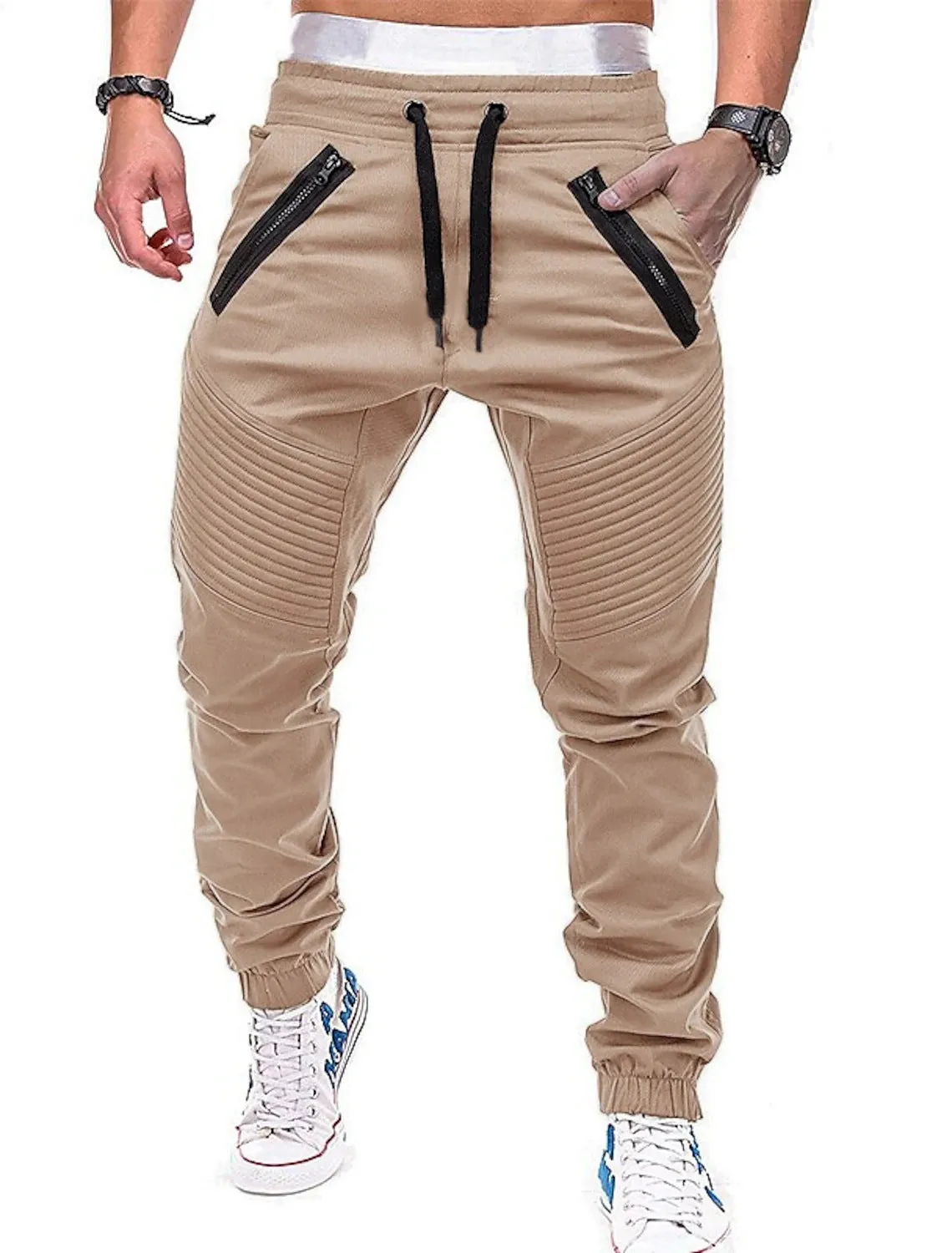 MEN'S COTTON ZIPPER POCKET CASUAL FASHION DRAWSTRING ELASTIC SPORTS PANTS DOUBLE ZIPPER PANTS