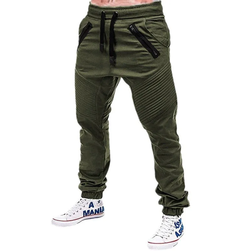 MEN'S COTTON ZIPPER POCKET CASUAL FASHION DRAWSTRING ELASTIC SPORTS PANTS DOUBLE ZIPPER PANTS