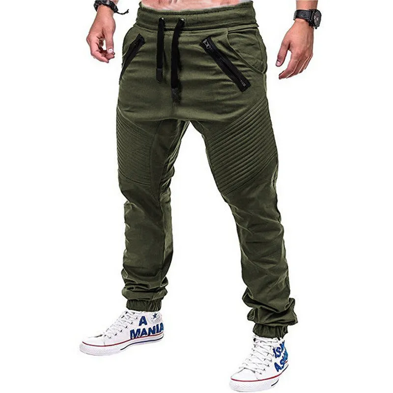 MEN'S COTTON ZIPPER POCKET CASUAL FASHION DRAWSTRING ELASTIC SPORTS PANTS DOUBLE ZIPPER PANTS