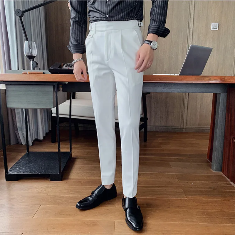 Men's Slim Fit Dress Pants Casual British Vintage High Waisted Pants