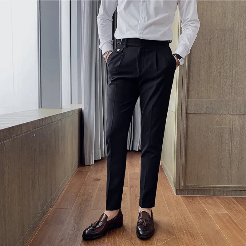 Men's Slim Fit Dress Pants Casual British Vintage High Waisted Pants