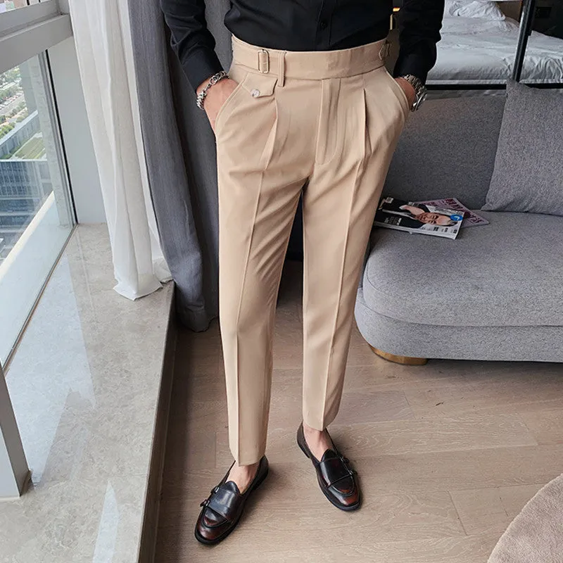 Men's Slim Fit Dress Pants Casual British Vintage High Waisted Pants