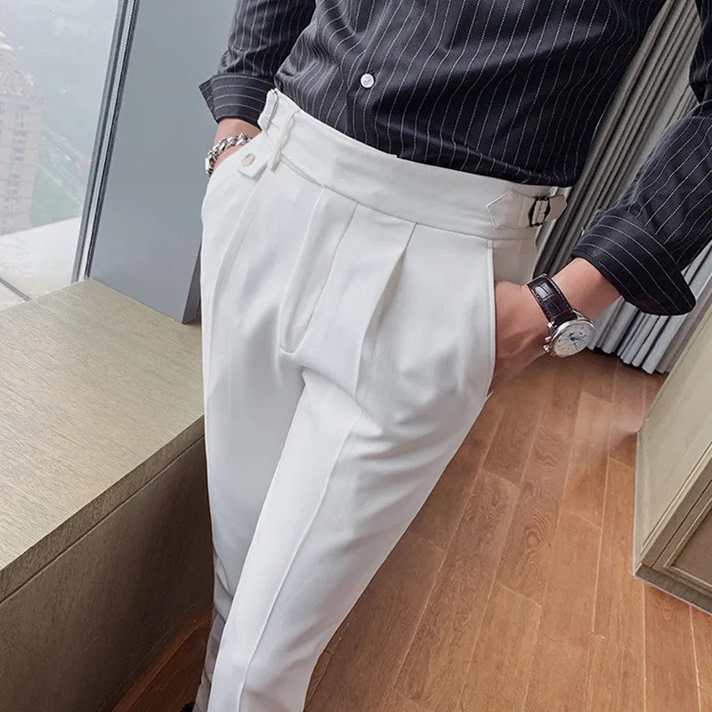 Men's Slim Fit Dress Pants Casual British Vintage High Waisted Pants