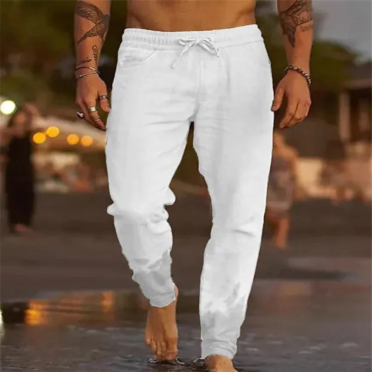 MEN'S SOLID COLOR DRAWSTRING COTTON LINEN LOOSE CASUAL BEACH CASUAL PANTS