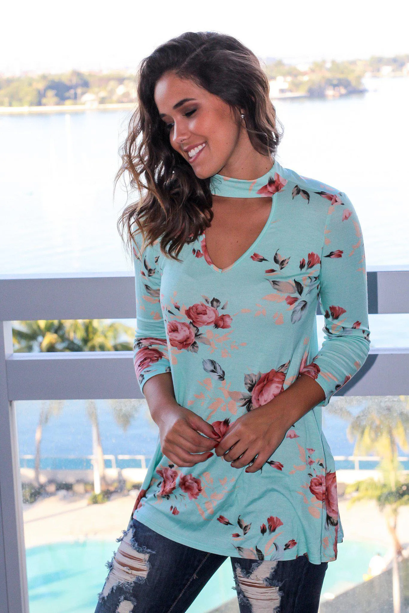 Mint Floral Mock Neck Top