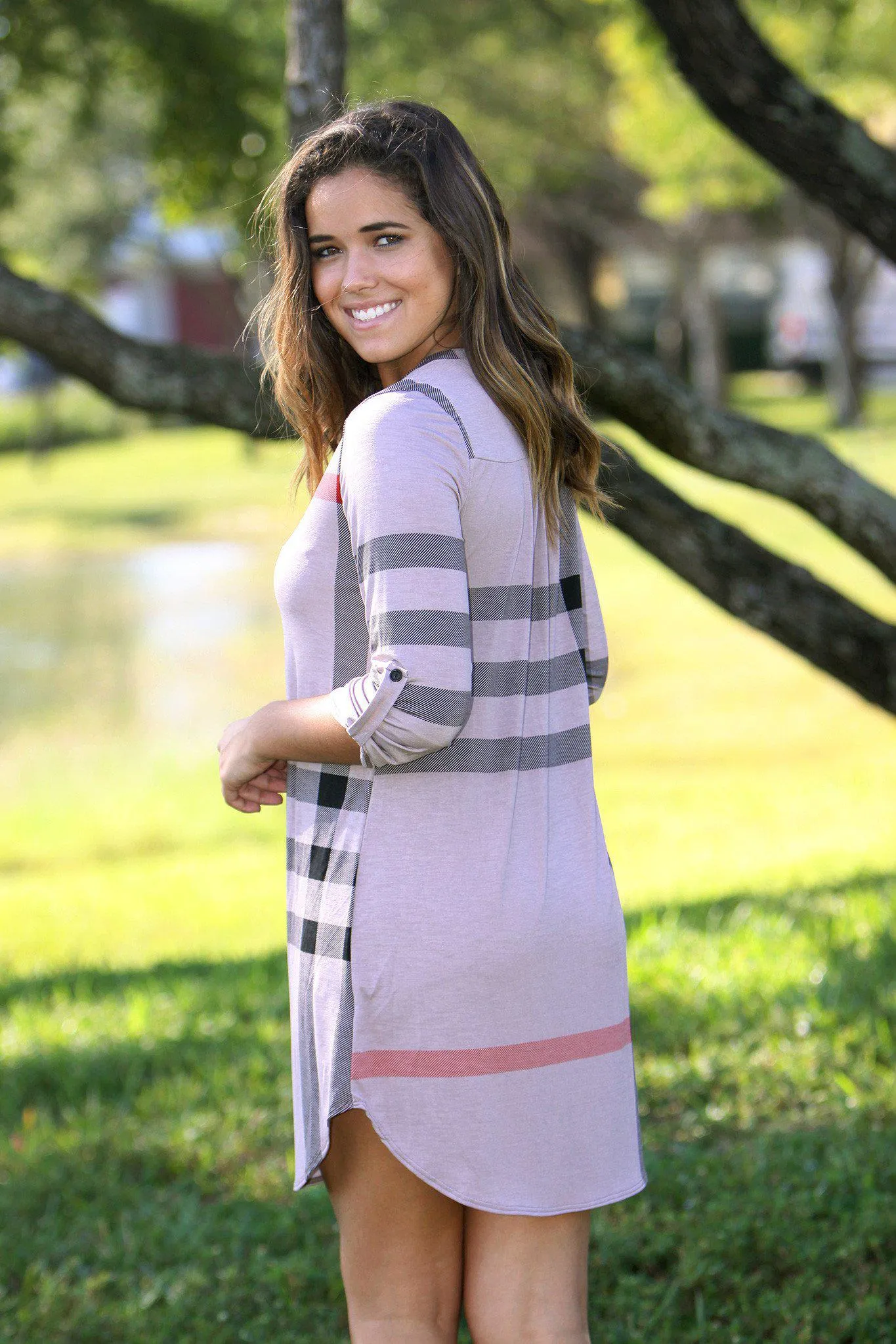 Mocha Check Print Short Dress with 3/4 Sleeves