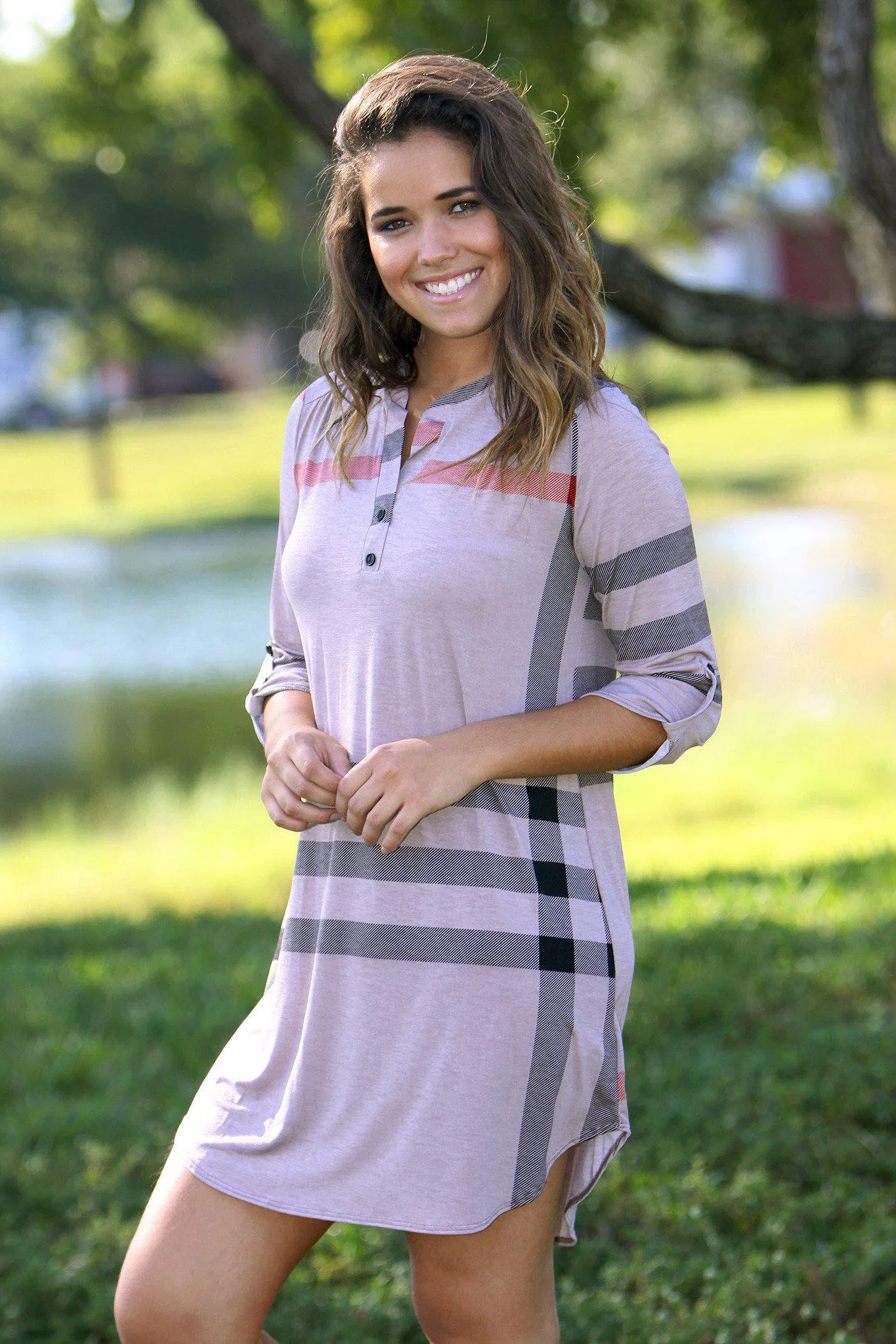 Mocha Check Print Short Dress with 3/4 Sleeves