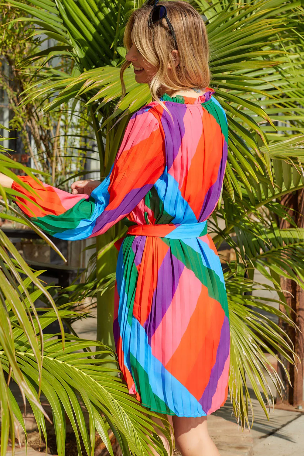 Multicolored Tie-Waist Pleated Balloon Sleeve Dress