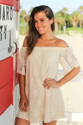 Natural Lace Off Shoulder Short Dress